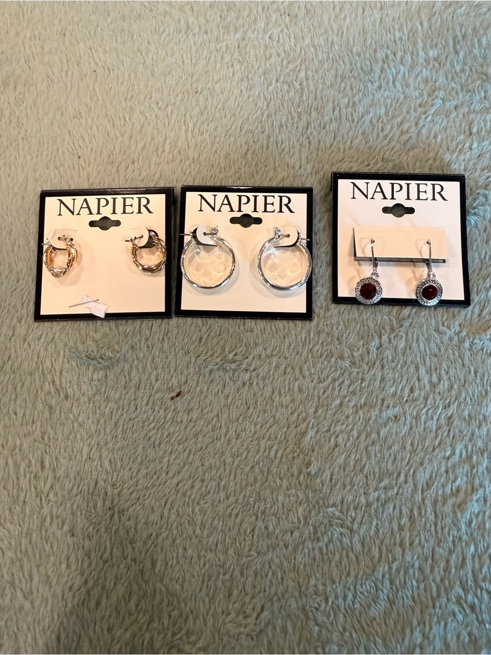 Napier Gold and Silver Hoop Trio with Red Stone Drop Earrings NWT